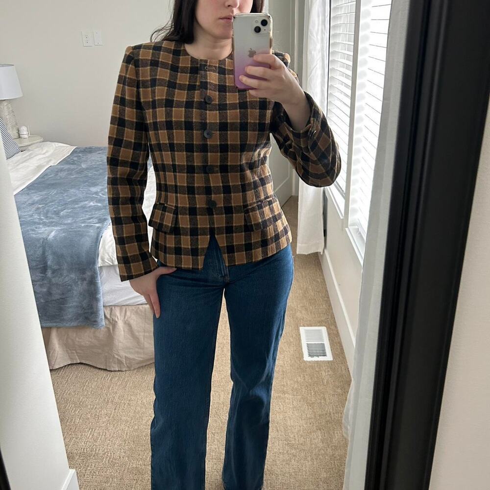 Vintage CHAUS 100% wool/ lamswool brown/black plaid blazer sz 8 - Picture 3 of 8
